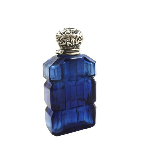 Antique Victorian Silver & Blue Cut Glass Perfume / Scent Bottle C1880