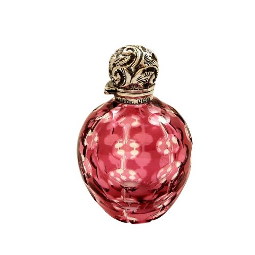 Antique Victorian Sterling Silver & Cranberry Glass Perfume / Scent Bottle 1900