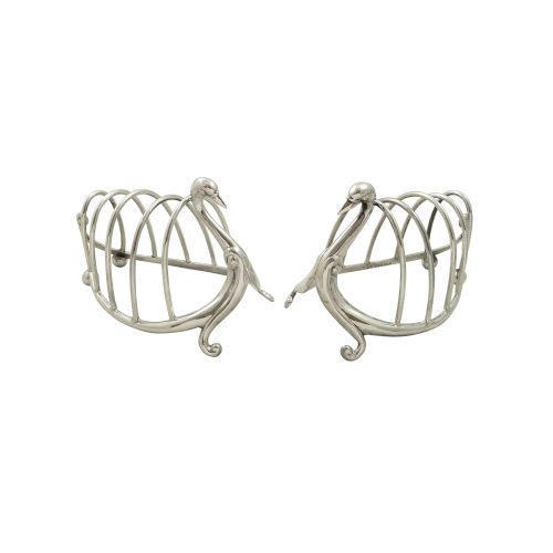 Pair of Antique Victorian Sterling Silver Swan Toast Racks 1899