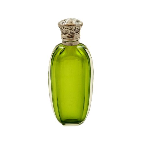 Antique Sterling Silver & Green Glass Perfume / Scent Bottle 1912