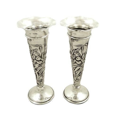 Pair of Antique Sterling Silver 7 1/2" Vases 1901