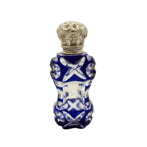 Antique Victorian Silver & Blue Overlay Glass Perfume / Scent Bottle C1890