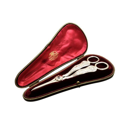Antique Victorian Sterling Silver Grape Shears / Scissors in Case 1841