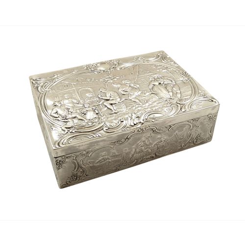 Antique Sterling Silver Trinket Box with Tavern & Fishing Scenes 1909
