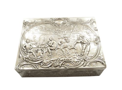 fig 1. Antique Sterling Silver Trinket Box with Tavern & Fishing Scenes 1909