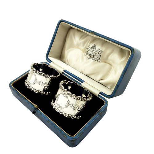 Pair of Antique Sterling Silver Napkin Rings in Case 1913