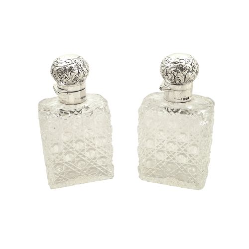 Pair of Antique Victorian Sterling Silver & Cut Glass Perfume/scent Bottles 1899