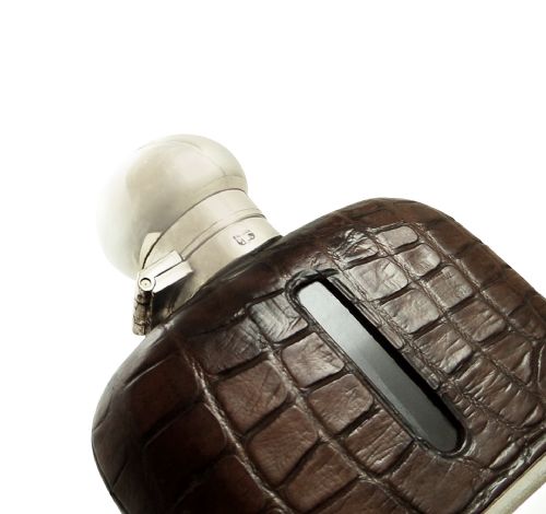 fig 1. Antique Victorian Silver Plate & Crocodile Leather Hip Flask with Cup c1890