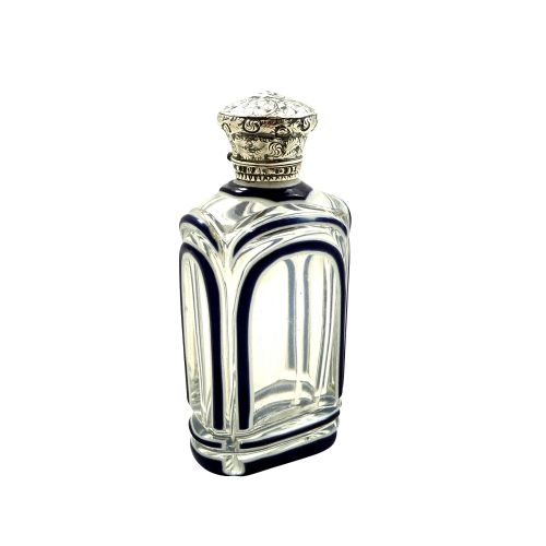 Antique Victorian Silver & Blue Overlay Glass Perfume / Scent Bottle C1880