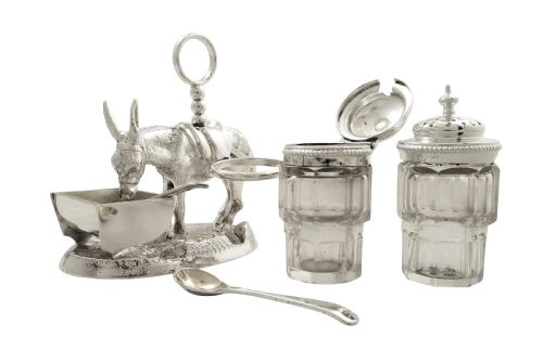 fig 1. Antique Victorian Silver Plated Donkey Cruet Set 1869