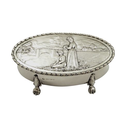 Antique Edwardian Sterling Silver Trinket Box with Scene 1908