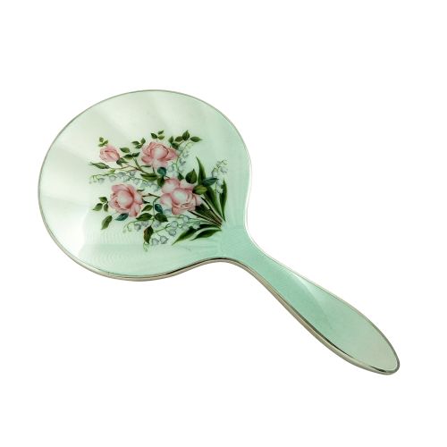 Vintage Sterling Silver & Hand Painted Peonies Enamel Mirror - Garrards 1959