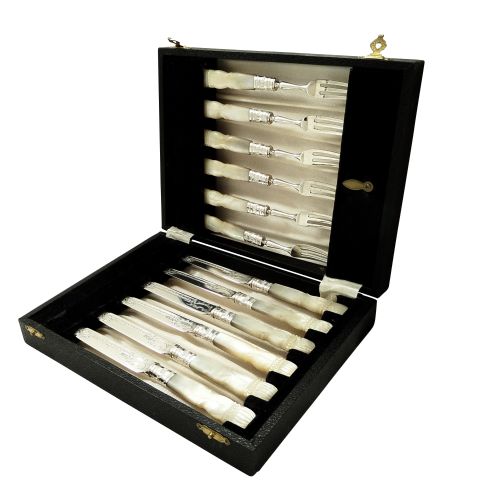 Antique Edwardian Silver & Mother of Pearl Dessert/fruit Knives & Forks Set 1909