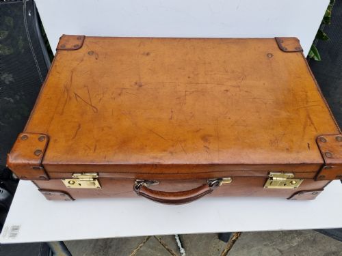 fig 1. Antique tan leather suitcase 66cm in excellent condition c1880. Exceptional quality.