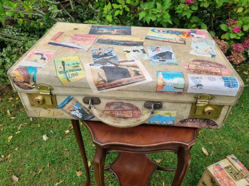 GRADUATED SET 3 ANTIQUE VELLUM LEATHER SUITCASES WITH EXTENSIVE TRAVEL LABELS - ADDITIONAL PHOTO 4