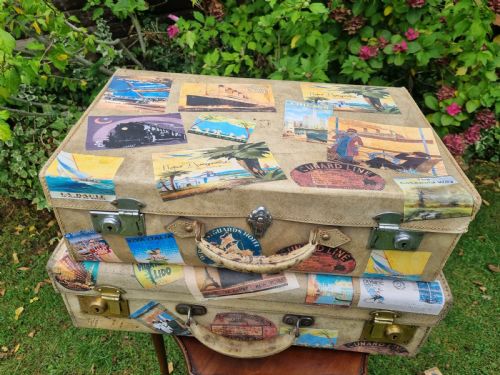 GRADUATED SET 3 ANTIQUE VELLUM LEATHER SUITCASES WITH EXTENSIVE TRAVEL LABELS - ADDITIONAL PHOTO 5