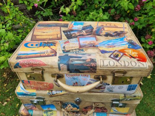 GRADUATED SET 3 ANTIQUE VELLUM LEATHER SUITCASES WITH EXTENSIVE TRAVEL LABELS - ADDITIONAL PHOTO 6