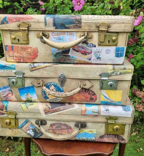 GRADUATED SET 3 ANTIQUE VELLUM LEATHER SUITCASES WITH EXTENSIVE TRAVEL LABELS - ADDITIONAL PHOTO 3
