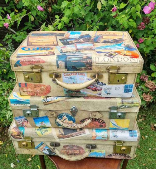 GRADUATED SET 3 ANTIQUE VELLUM LEATHER SUITCASES WITH EXTENSIVE TRAVEL LABELS - ADDITIONAL PHOTO 1