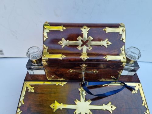 fig 1. Antique Victorian walnut brass bound desktop stationery box/writing slope c1860