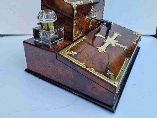 fig 2. Antique Victorian walnut brass bound desktop stationery box/writing slope c1860