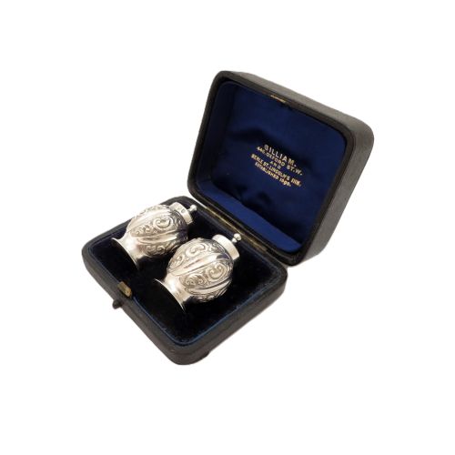Pair of Antique Victorian Sterling Silver Peppers in Case 1892