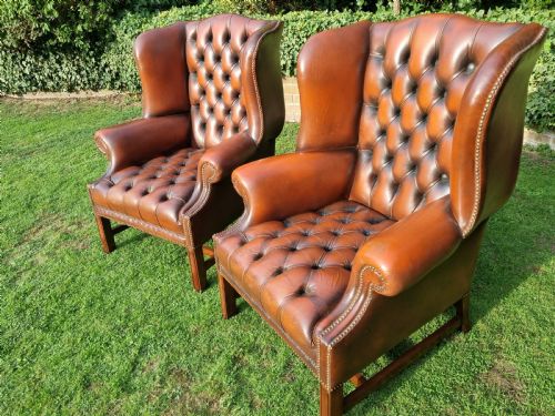 PAIR ANTIQUE GEORGE LLL STYLE LEATHER CHESTERFIELD WING ARMCHAIRS - ADDITIONAL PHOTO 8