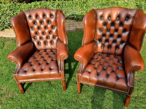 PAIR ANTIQUE GEORGE LLL STYLE LEATHER CHESTERFIELD WING ARMCHAIRS - ADDITIONAL PHOTO 11