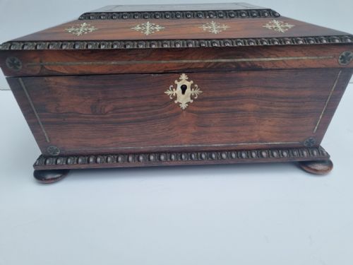 fig 1. Regency rosewood and mother of pearl inlaid sewing box c 1830