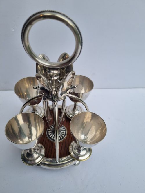 VICTORIAN SILVER PLATE AND OAK 4 PIECE EGG CRUET C 1880 - ADDITIONAL PHOTO 1