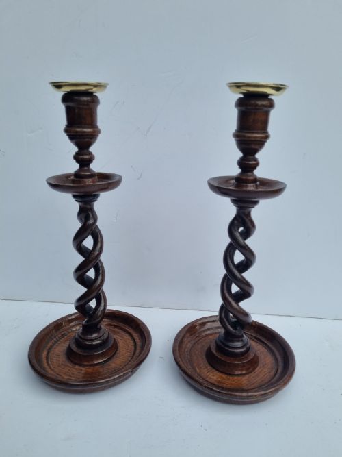 Pair Victorian Open Barleytwist Oak Candlesticks 32cm C 1880