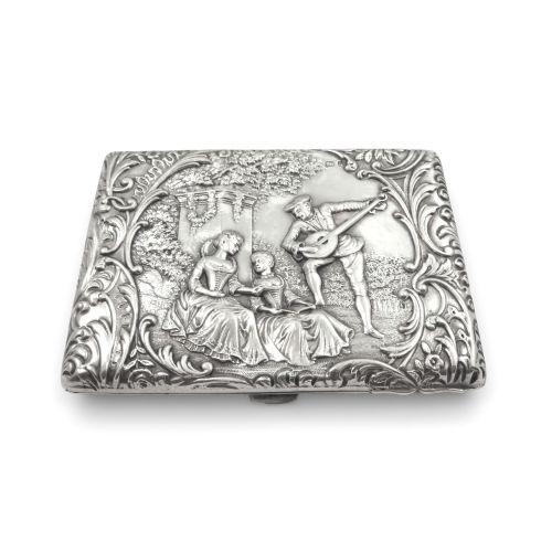 Antique Late Victorian Sterling Silver Aide Memoir / Card Case 'The Music Lesson' 1900