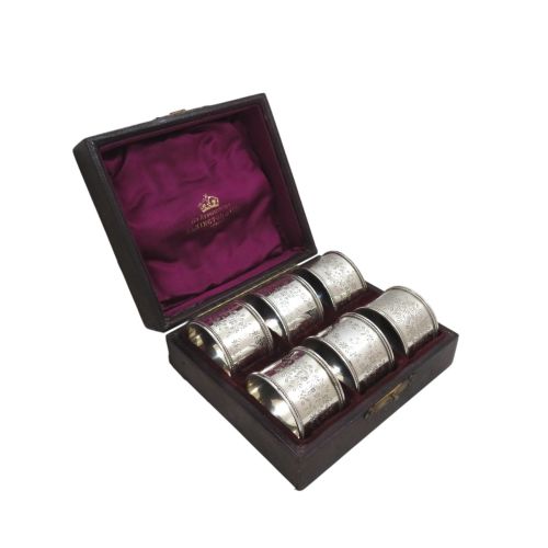 Set of 6 Antique Victorian Sterling Silver Napkin Rings in Case 1891