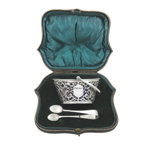 ANTIQUE EDWARDIAN STERLING SILVER SUGAR BASKET IN CASE 1907