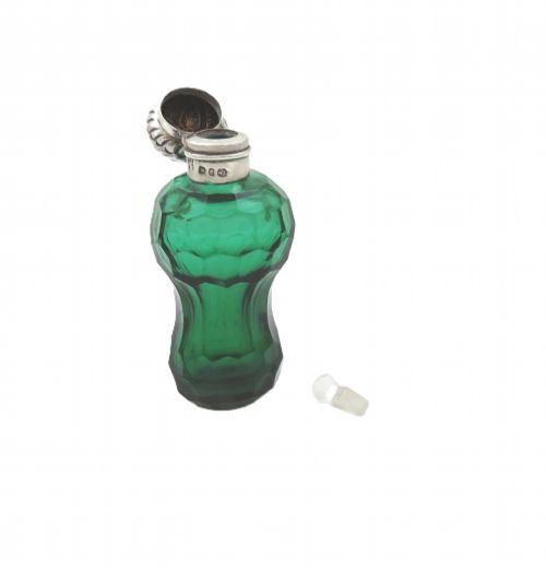 ANTIQUE VICTORIAN STERLING SILVER GREEN GLASS PERFUME SCENT BOTTLE 1898 - ADDITIONAL PHOTO 1
