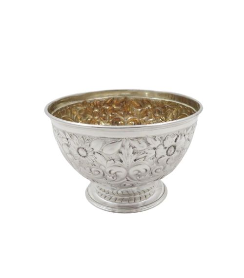 fig 1. A late Victorian sterling silver pedestal bowl decorated with chased scrollwork, floral motifs, and visible assay hallmarks.