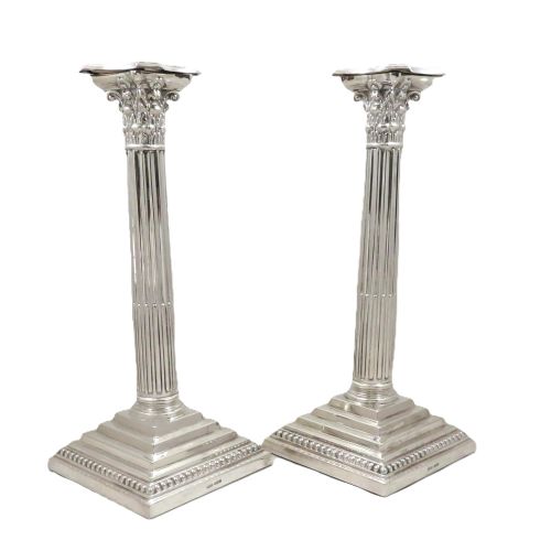 Pair of Antique Sterling Silver Corinthian Column 11 1/2" Candlesticks 1940