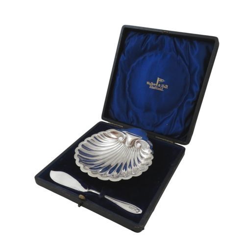 Antique Sterling Silver Shell Butter Dish in Case 1917
