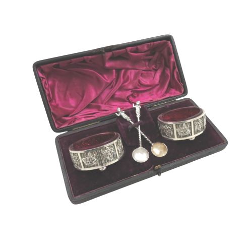 Pair of Antique Victorian Sterling Silver Salts & Spoons in Case 1888 - Hindu Deities