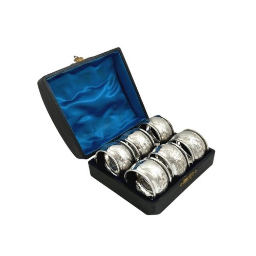 Set of 6 Antique Sterling Silver Napkin Rings in Case 1912