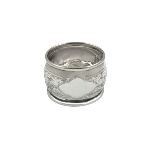 A set of six engraved sterling silver napkin rings arranged inside a black fitted presentation case lined with bright blue silk. View VI