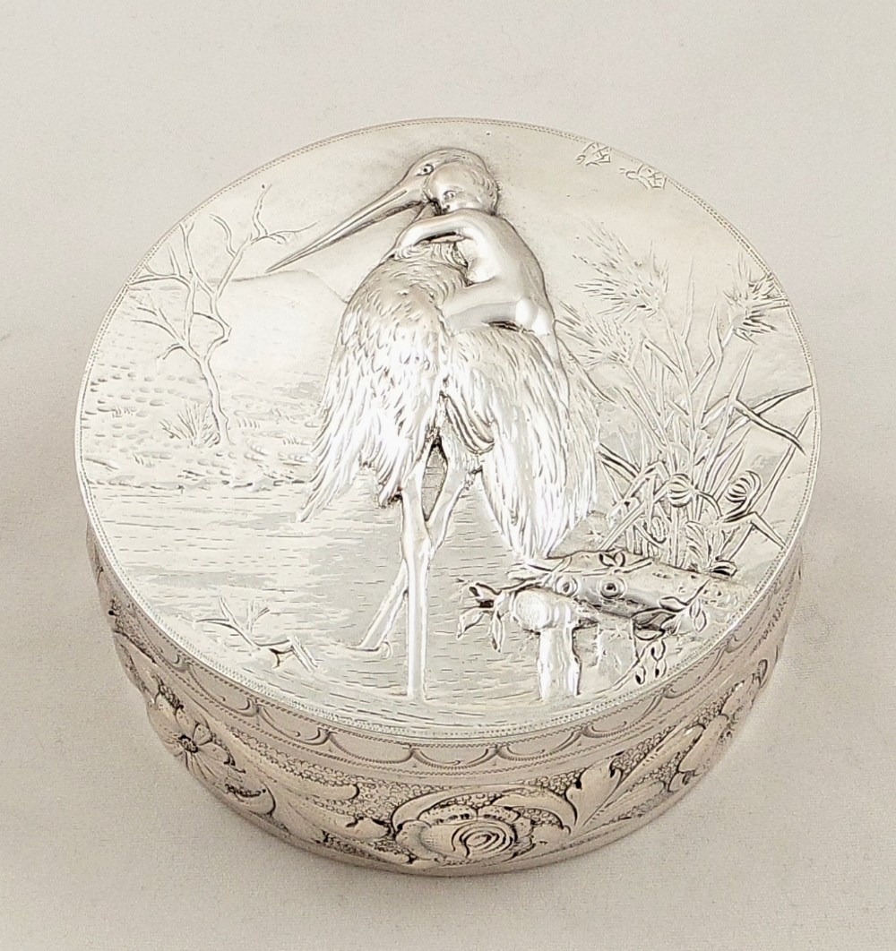 Antique German Silver Christening Box - Stork & Baby - Schleissner & Sohne c1880