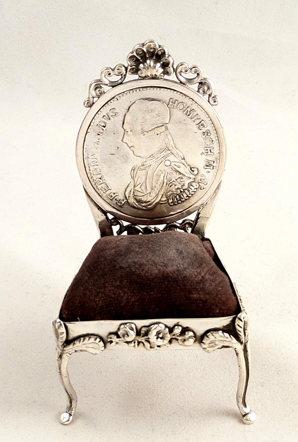 Unusual Antique Silver Chair Pin Cushion with Coin