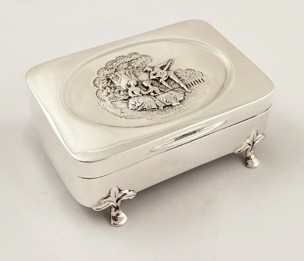 Antique Edwardian Sterling Silver Trinket Box - 1905 - Serenading Scene