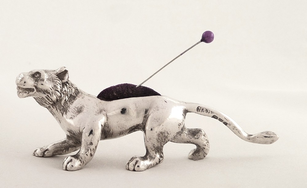 Unusual Antique Sterling Silver Lioness Pin Cushion 1907