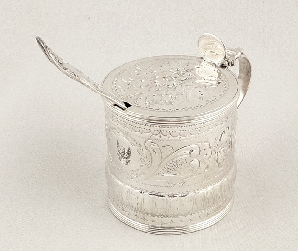Antique Georgian Sterling Silver Mustard & Liner - 1796 - Armorial Crest