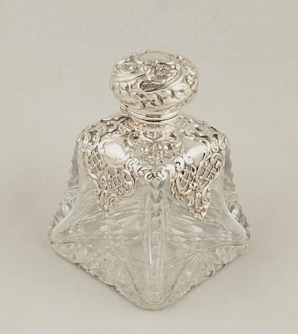 Antique Victorian Glass & Sterling Silver Overlay Perfume Bottle - 1898