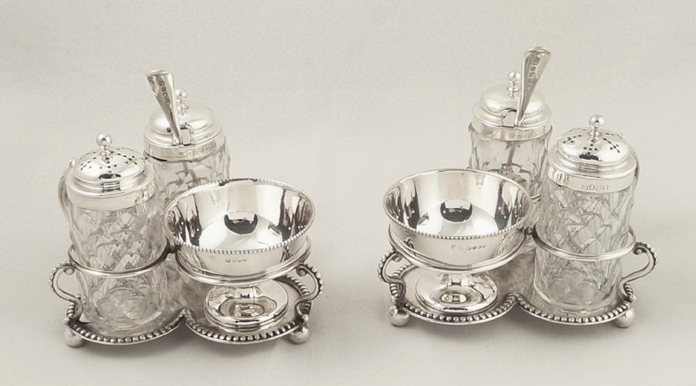 Pr of Victorian Sterling Silver & Glass Cruet Sets in Stands 1859