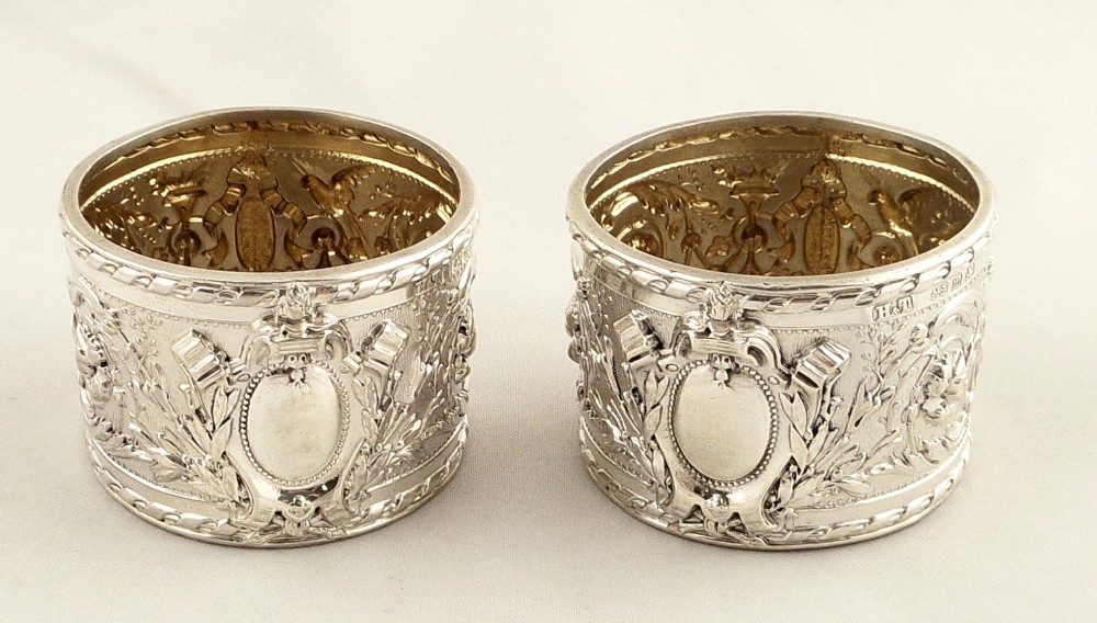 Pair of Antique Victorian Sterling Silver Napkin Rings 1896 - Birds