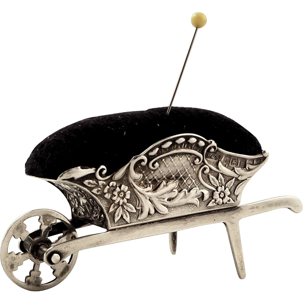 Antique Edwardian Sterling Silver Wheelbarrow Pin Cushion 1909